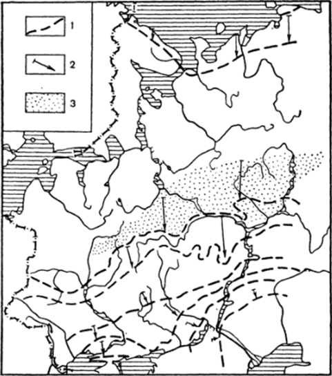 Смешение почвенных зон в голоцене, ареалы почв со вторым гумусовым горизонтом ВГГ (по Александровскому, 1983).