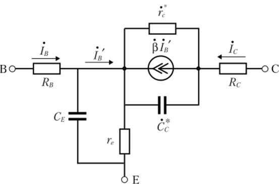 Рис. IV.7.8. Упрощенная малосигнальная эквивалентная схема биполярного транзистора для включения ОЭ где согласно (IV.4.22) тр=(1 + Р)та. Эффект Эрли учтен сопротивлением коллекторного перехода в схеме ОЭ (IV.5.5) .