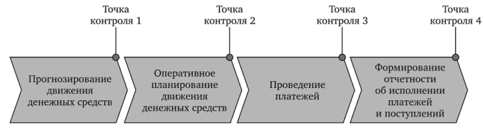 Основные шаги процесса «Казначейство» и распределение точек контроля после каждого шага и в конце процесса.