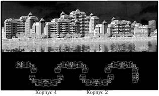 Крупнопанельный жилой комплекс на Рубцовской набережной р. Яузы в Москве, скомпонованный из типовых секций серий П44Т и П44М.