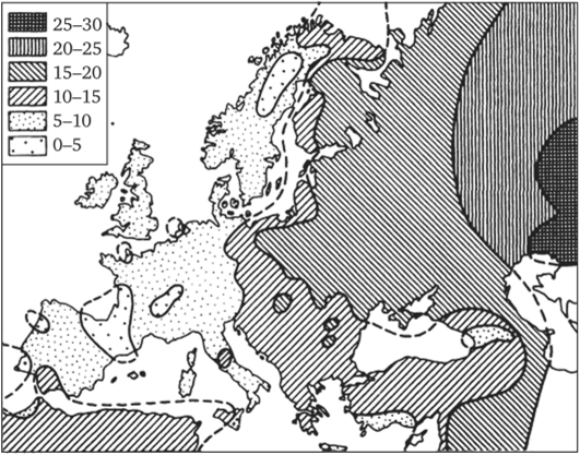 Области относительных частот распределения аллеля В системы группы АВО в Европе.