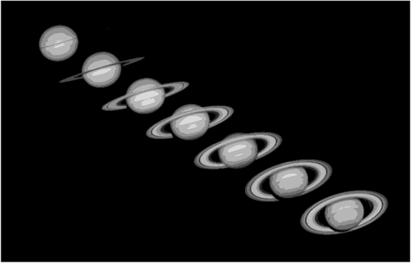 Видимость колец Сатурна с Земли под разными углами.
