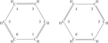 Строение молекулы бензола в виде двух структур Кеккуле.