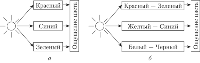 Схемы одностадийных моделей цветового зрения Юнга — Гельмгольца (а) и Геринга (б).