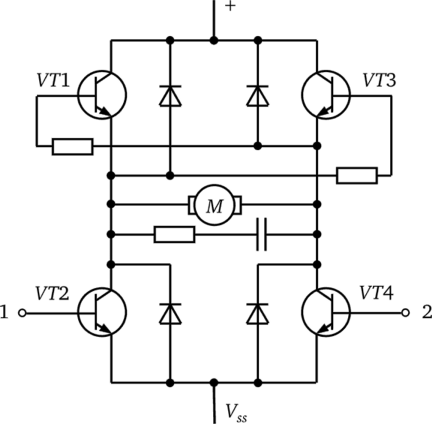 Схема метода управления двигателем вращения диска с помощью широтномодулированного сигнала (двухпроводной вариант).