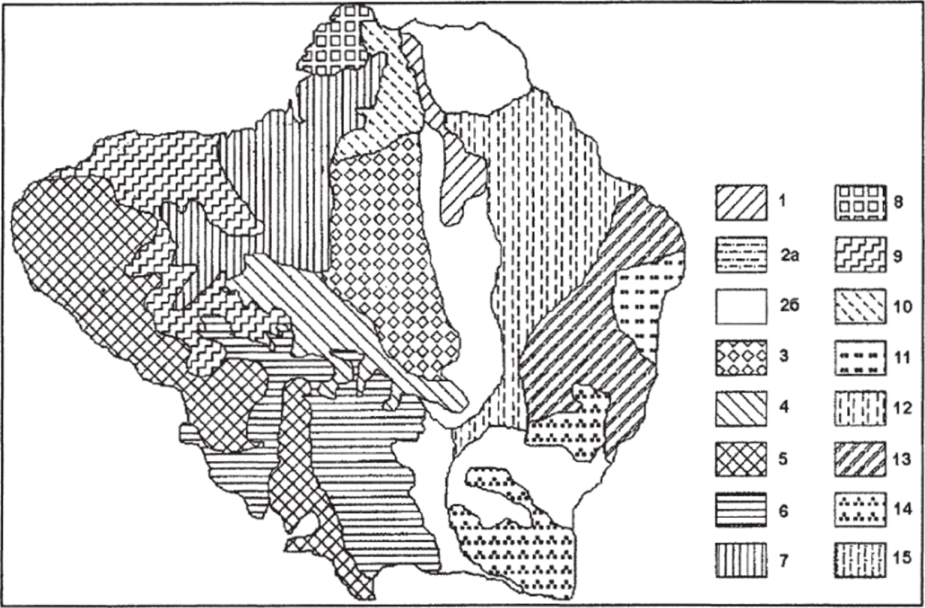 Карта населения грызунов Калмыкии и прилежащих территорий (по Н. В. Тупиковой, 1995) Легенда приведена в табличном виде на стр. 65.