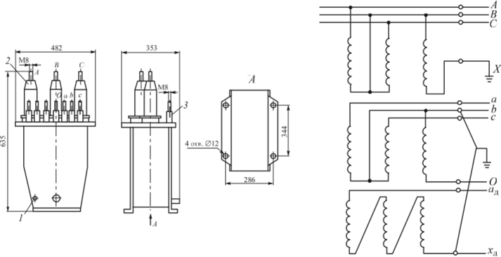 Общий вид и схема трансформатора напряжения типа НАМИ-10 У21.