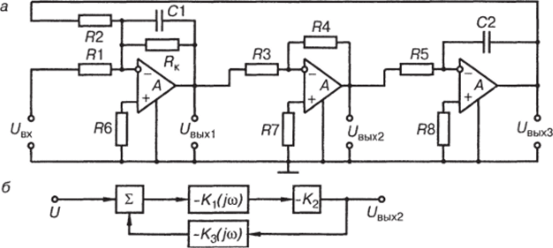 Принципиальная схема биквадратного узкополосного фильтра^ и его эквивалентная электрическая схема (б).