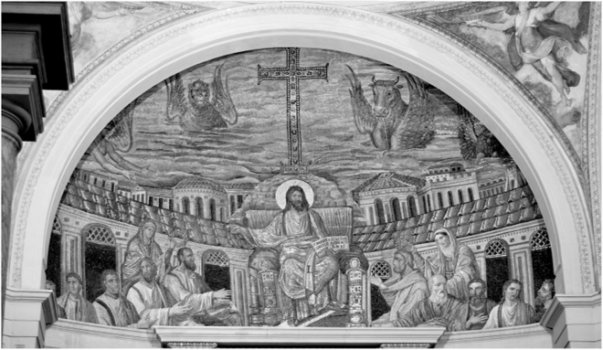 Христос среди апостолов. Мозаика. 401—417. Санта Пуденциане. Рим.