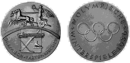 Олимпийская медаль чемпионов IV Олимпийских зимних игр 1936 г. в Гармиш-Партенкирхене.