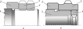 Схема сборки вала 1 с корпусом 2 с регулировкой взаимного положения кольцевыми гайками 3 и фиксацией контргайками 4.