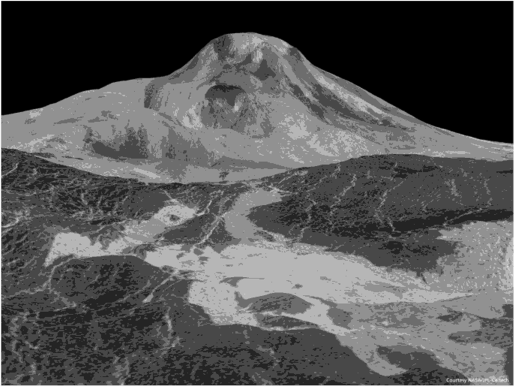 Вулкан Маат на Венере. Компьютерная реконструкция по результатам радиосканирования поверхности планеты с борта спутника «Магеллан» (NASA).