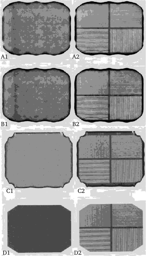 Изображения жидкого источника в кювете (А1, 61,01,01) и за четырехсекторным щелевым фантомом (А2, В2, С2, D2)).