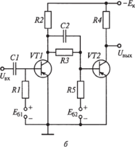 Рис. 2.26. Схемы резистивных соединений транзисторных ключей: а — обычная; б — с ускоряющим конденсатором Из предыдущих выражений можно определить сопротивление резистора связи каскадов: