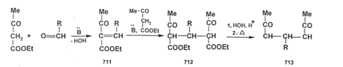 Реакции Михаэля - присоединение ацетоуксусного эфира к активированной связи С=С - протекают аналогично реакциям малонового эфира. Очень легко идет присоединение к акрилонитрилу —цианоэтилирование при этом обычно бывают задействованы оба «кислых» протона - происходит бисцианоэтилирование: .