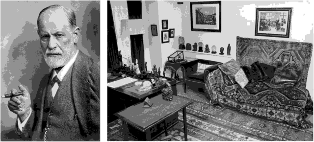 Зигмунд Фрейд (1856—1939) и его рабочий кабинет в Вене с кушеткой, которую он использовал для проведения психоаналитических сеансов.