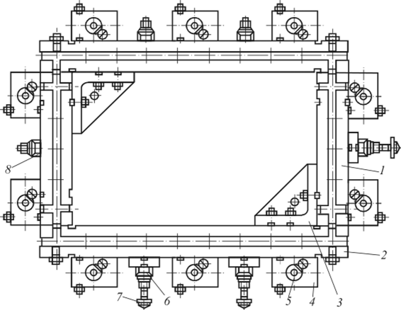 Универсально-сборный прямоугольный накладной кондуктор для сверления десяти отверстий.