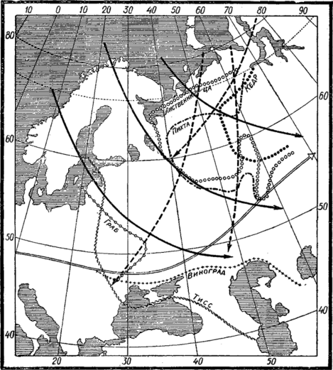 Карта полярных (черные стрелки) и ультраполярных (пунктирные стрелки) потоков холодного воздуха и границ распространения растений (по Б. П. Мультановскому). Название полярных осей.
