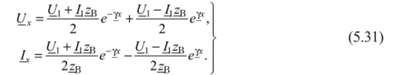 Эти уравнения носят название уравнений передачи однородной длинной линии и являются основными при анализе прохождения измеряемого сигнала по проводным линиям связи. Причем первые слагаемые в (5.31) характеризуют падающие, а вторые — отраженные волны. В режиме согласованного включения, когда zH = zB, в линии будут только падающие волны.