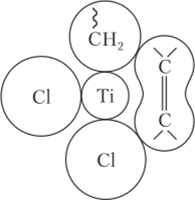 Схематический разрез октаэдрического комплекса TiCl — алюминийорганичеекое соединение но плоскости, содержащей атомы металлов.