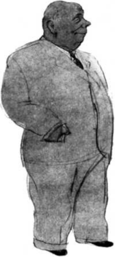 Человек относительно небольшого роста с округлой формой головы и тела и с короткой шеей, настроенный, скорее всего, доброжелательно (шарж Б. Ливанова на актера А. Грибова).