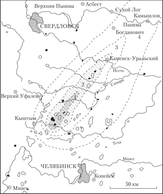 Карта-схема «уральского радиоактивного следа», связанного с аварией на ПО «Маяк» в 1957 г.