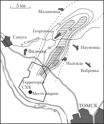 Карта-схема радиационной обстановки в районе аварии на Сибирском химическом комбинате (Томск-7) в 1993 г.