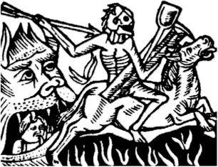 Всадник-смерть, появляющийся из ада (в виде страшной пасти). Художник У. Пэкстон. Лондон, 1507.