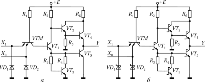 Схемы ЛЭ с улучшенными показателями на биполярных транзисторах (а) и транзисторах Шоттки (б).