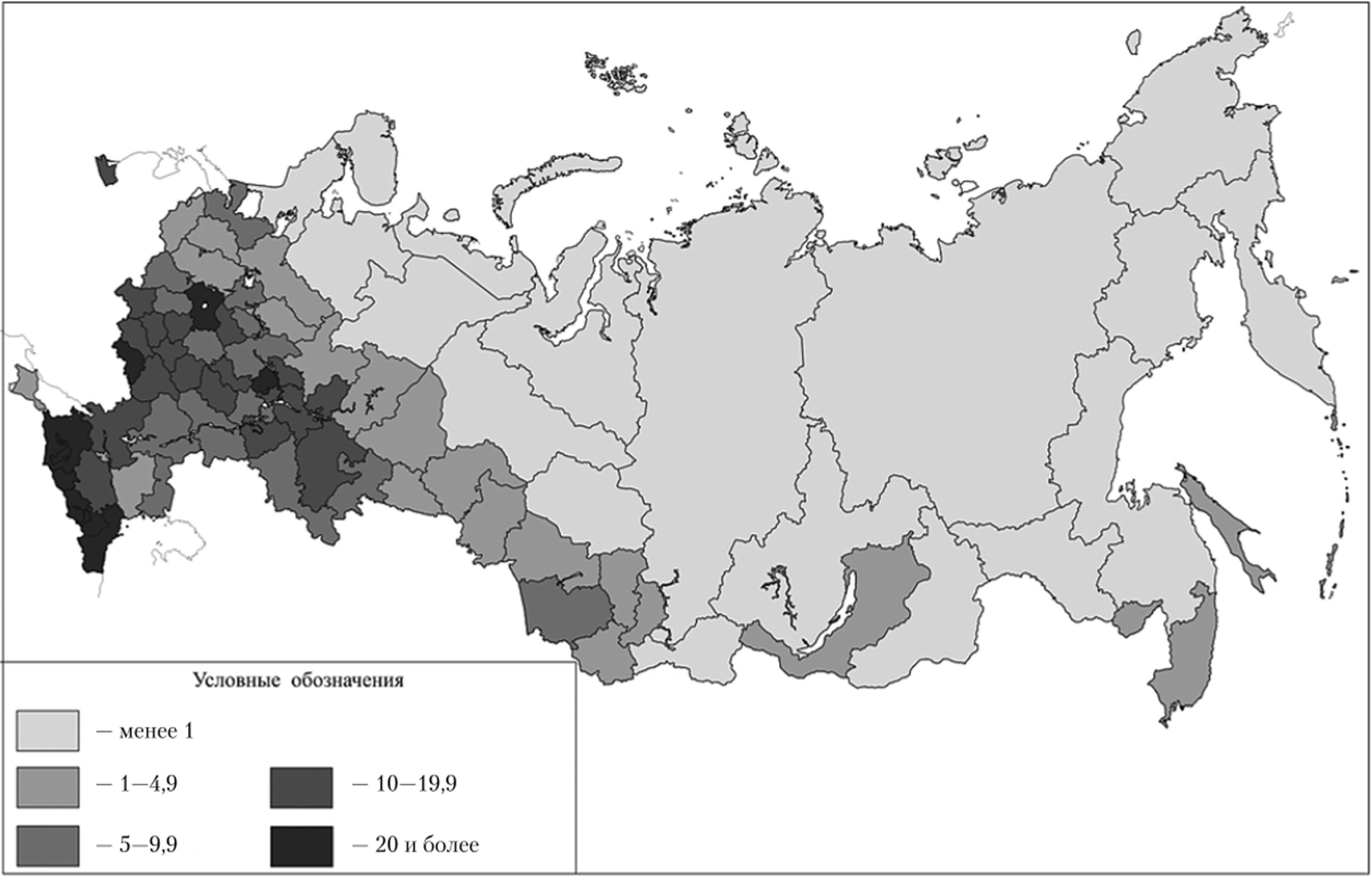 Плотность сельского населения по субъектам РФ, 2015 г., чел/кв. км.