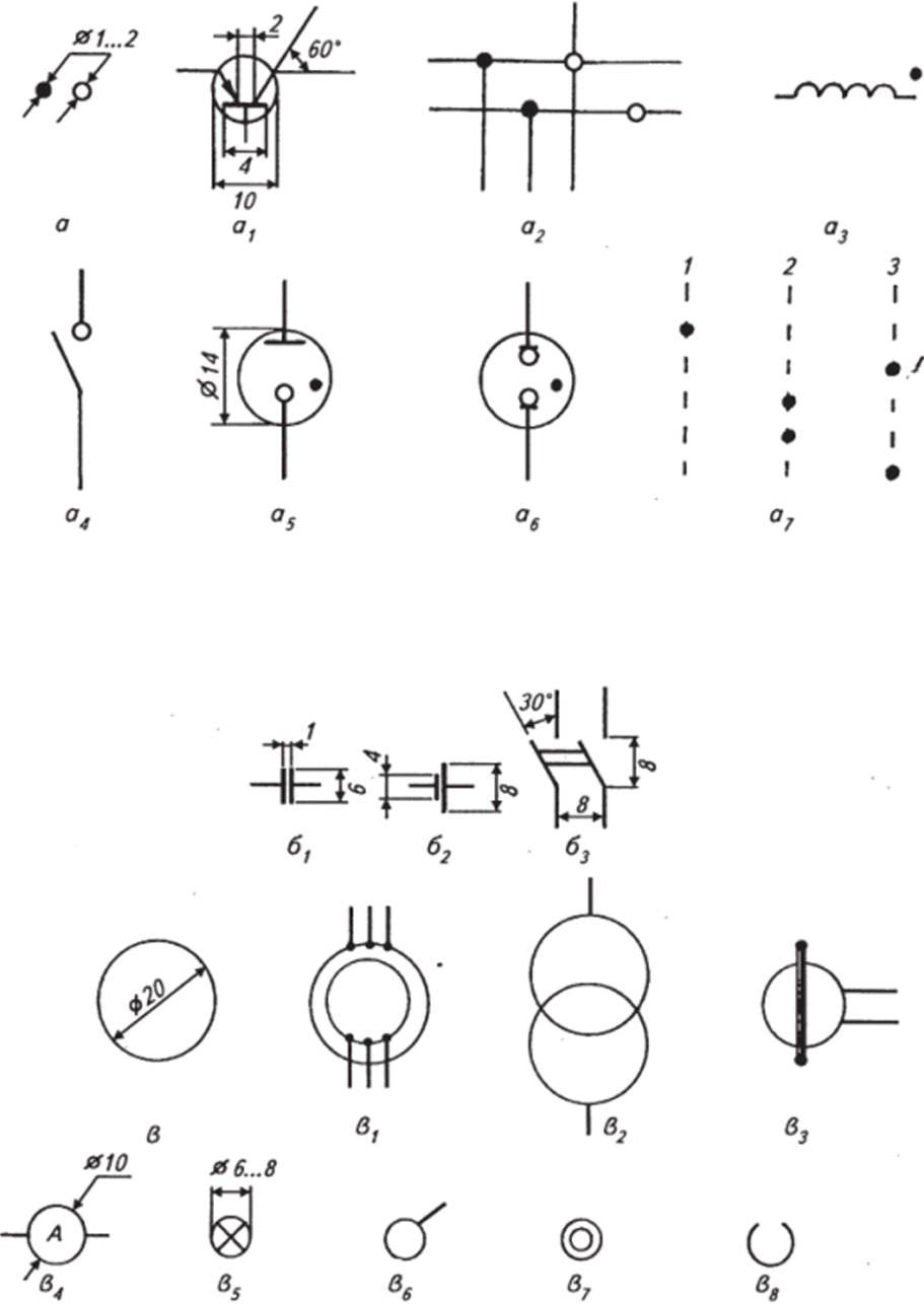 Геометрические образы (а—з) и их использование в условных графических обозначениях электрических схем.