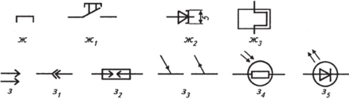 Рис. 1.14. Геометрические образы (а—з) и их использование в условных графических обозначениях электрических схем.