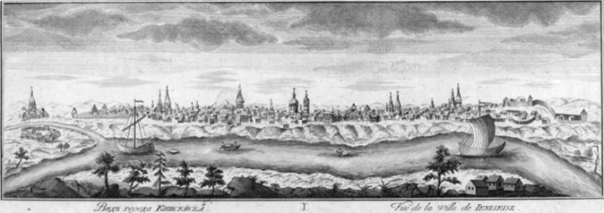 Е. А. Федосеев. Вид Енисейска (1770; гравюра с оригинала И.-В. Люрсениуса 1734 г.).