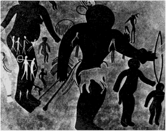 Возвышенность Тассилин-Аджер (Сахара). Наскальное изображение группы туарегов эпохи «круглоголовых» (5—7 тыс. лет до н. э.). Они в масках или, может быть, в скафандрах?