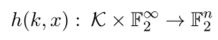 называют в-почти универсальной функцией хэширования (в-almost universal, в-AU), если найдется действительное число в такое, что О < в ^ 1, и для любых двух различных элементов х. у е F20 выполнена оценка.