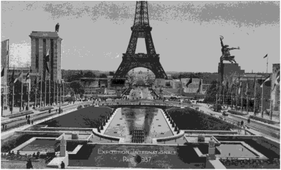 Всемирная выставка в Париже. Справа от Эйфелевой башни виден павильон СССР, слева — Германии.