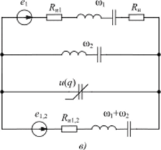 Рис. 1. Схемы нсрегснсративного параметрического усилителя с повышением частоты (а), трехчастотного параметрического генератора (6) и регенеративного параметрического усилителя основной частоты (в).