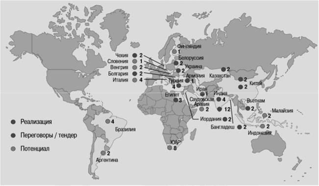 География и количество ядерных реакторов, создателем которых может стать ОАО «Атомстройэкспорт».