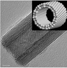 Электронно-микроскопическое изображение и модель строения многостенной нанотрубки дисульфидов молибдена и вольфрама.