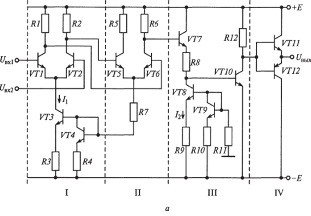 Электрическая схема интегральной микросхемы операционного усилителя (а) и ее условно-графическое изображение (б).