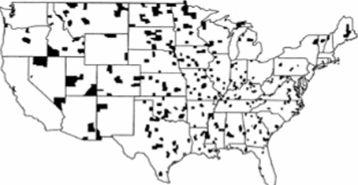 Л2. Карта США с выделенными черным графствами с наименьшим уровнем заболеваний раком почек (слева) и графствами с наивысшим уровнем.