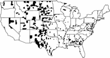 Рис. Л2. Карта США с выделенными черным графствами с наименьшим уровнем заболеваний раком почек (слева) и графствами с наивысшим уровнем заболеваний раком ночек (справа) Эти данные относятся к заболеваемости раком почек в США: на рис. А2 на карте США черным выделены графства с наименьшим уровнем заболеваний раком почек (слева) и графства с наивысшим уровнем заболеваний раком почек (справа). Конечно, эти графства разные, но сосредоточены они в основном в одних и тех же штатах. Эти штаты отличаются тем, что в них преобладает сельское население, они относительно мало населены, причем население в основном придерживается республиканских взглядов (христианский фундаментализм, опора на свои силы и пр.). В принципе, этих характеристик достаточно, чтобы объяснить каждый из наблюденных паттернов. Мало случаев рака почек? Конечно: сельский образ жизни, чистые вода и воздух, свежая незагрязненная пища. Много случаев рака почек? Тоже понятно: бедность, жирная пища, алкоголь, низкий уровень медицины. Единственный вопрос: можно ли совместить эти несовместимые события?