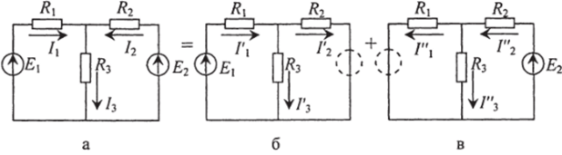 Иллюстрация метода наложения (пояснения приведены в тексте) большими сопротивлениями, т.е. соответствующие участки электрической цепи разомкнуть.
