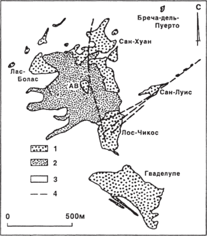 Схематическая геологическая карта, показывающая размещение брекчиевых трубок Ингуаран относительно гранодиоритового интрузива.