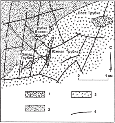 Размещение трубок брекчий Трибаг в Канаде в участках сгущения сети разломов (по М. Емка).