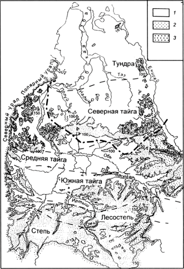 Схематическая гипсометрическая карта Западной Сибири. Абсолютные высоты, м.