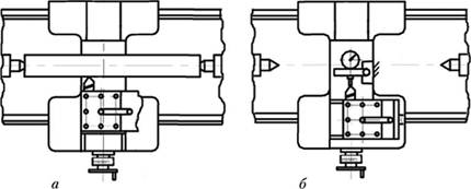 Схемы статической настройки резца токарного станка по эталону (а) и с помощью индикаторного упора (6).