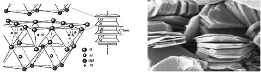 Структура каолинита и его микрофотография.