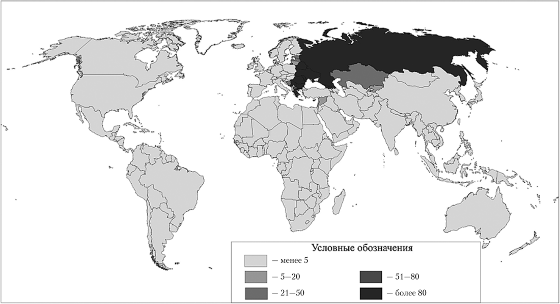 Удельный вес православных в общей численности населения по странам мира, 2015 г., %.
