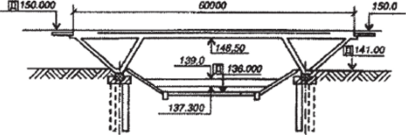 Обозначение действительных (Д) и проектных (П) отметок на фасаде продольного профиля мостового перехода.